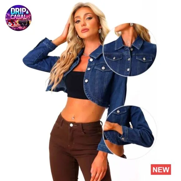 Denim Jacket Cropped Classic Casual Long Sleeve Button Down Y2K Chic